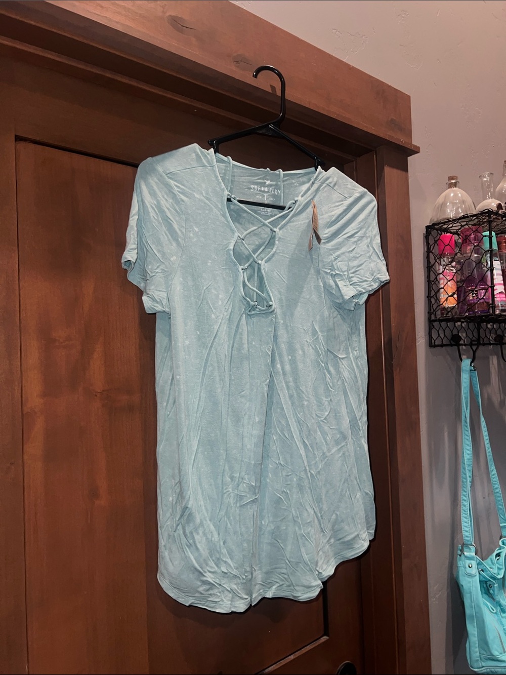 American Eagle Outfitters-Soft & Sexy-Strappy Short Sleeve Top-Distressed Sage